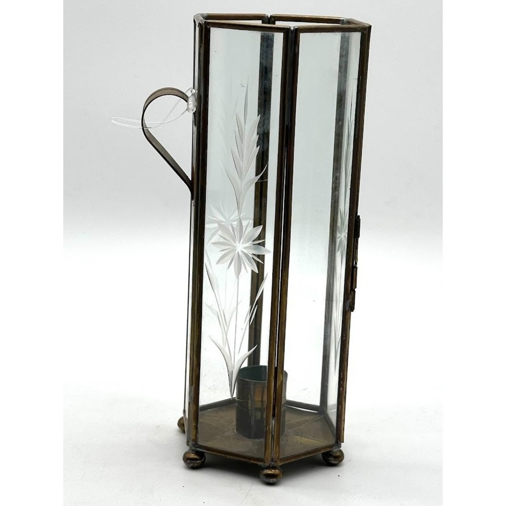 Vintage Brass Lantern Etched Glass Floral Candle Holder Hexagon 8" Boho Decor